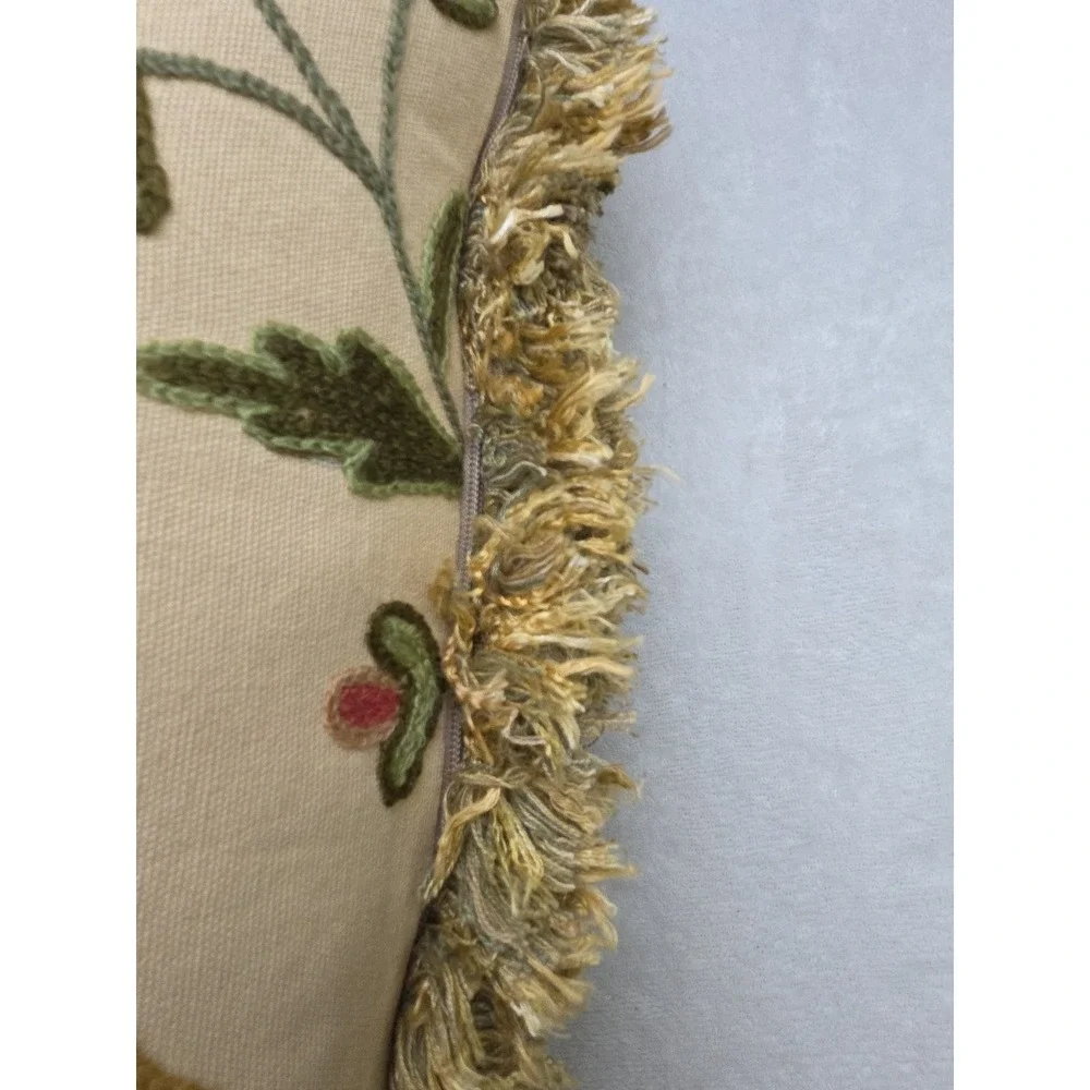 Crewel Embroidered‎ Pillow Fringe Jacobean French 20
